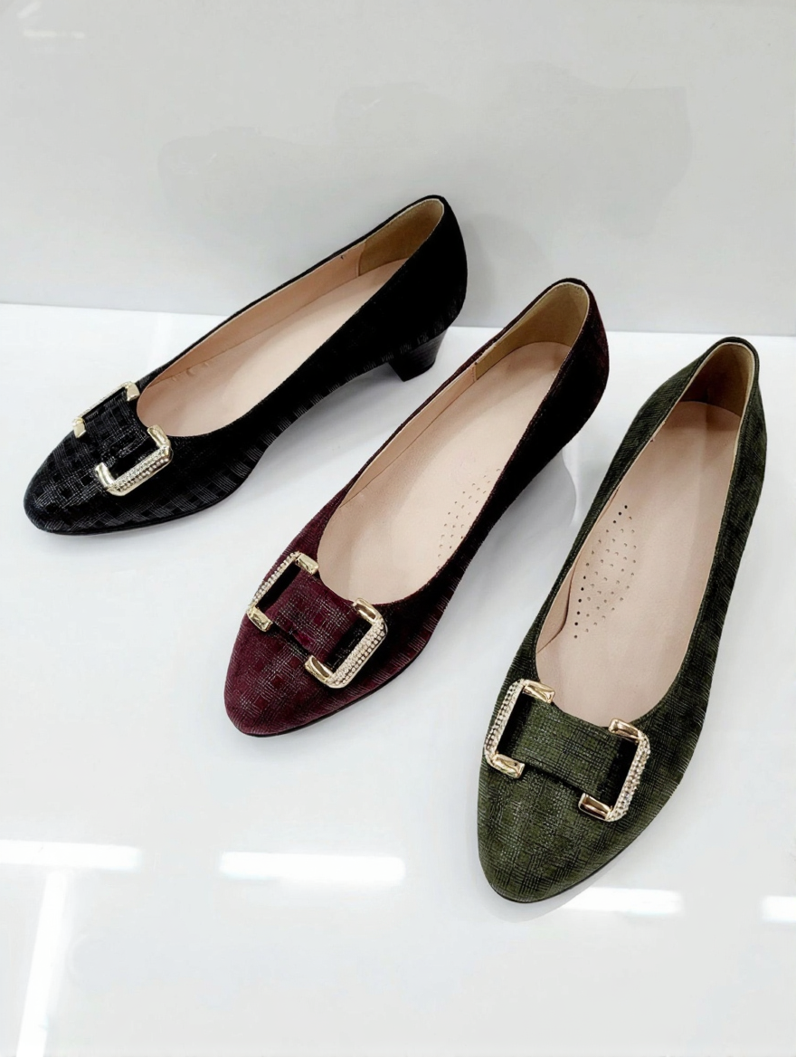 Gold Jewel Accent Check Pumps Mid Heel