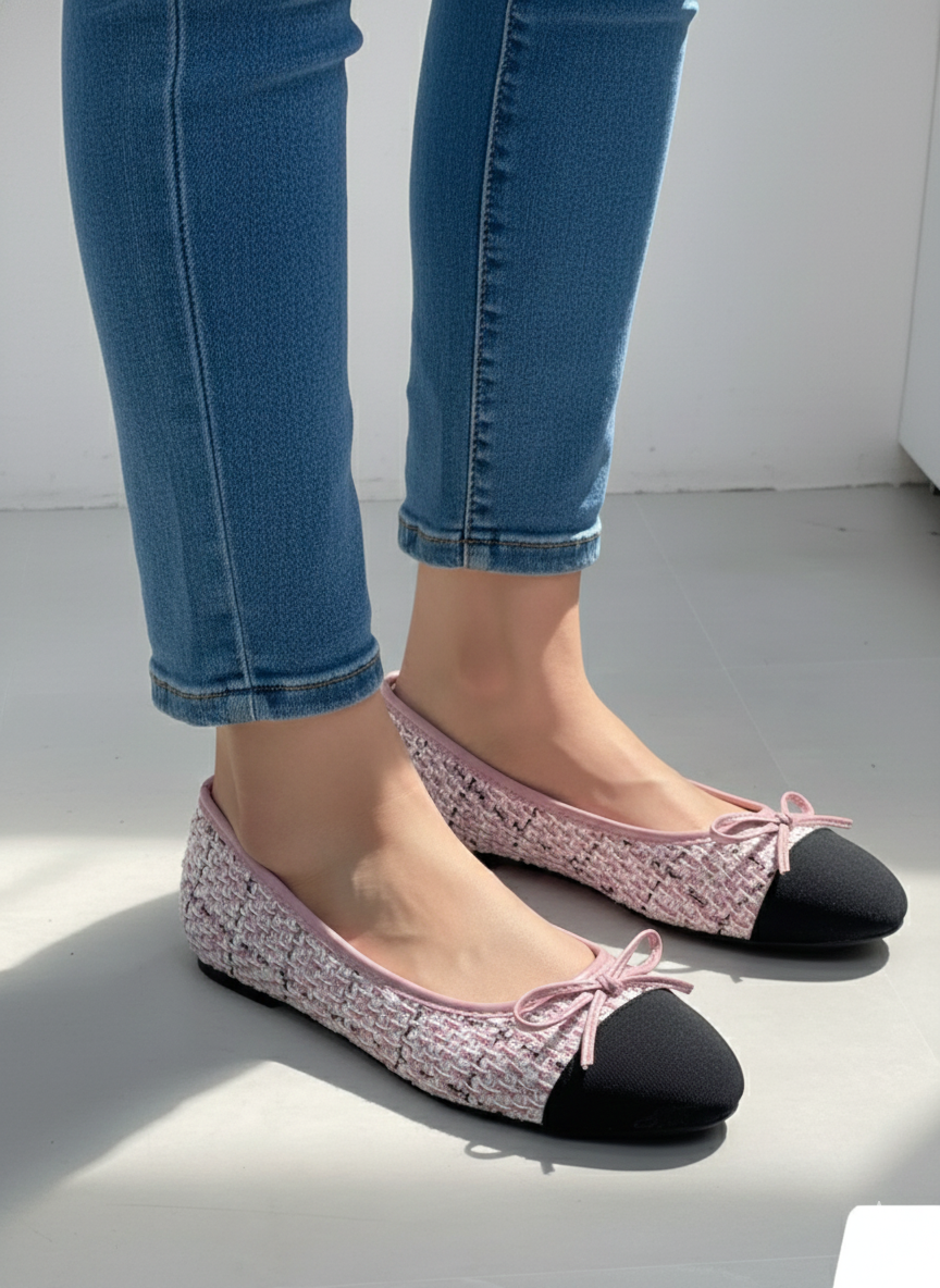 2161 Round Toe Tweed Ribbon Flat Shoes