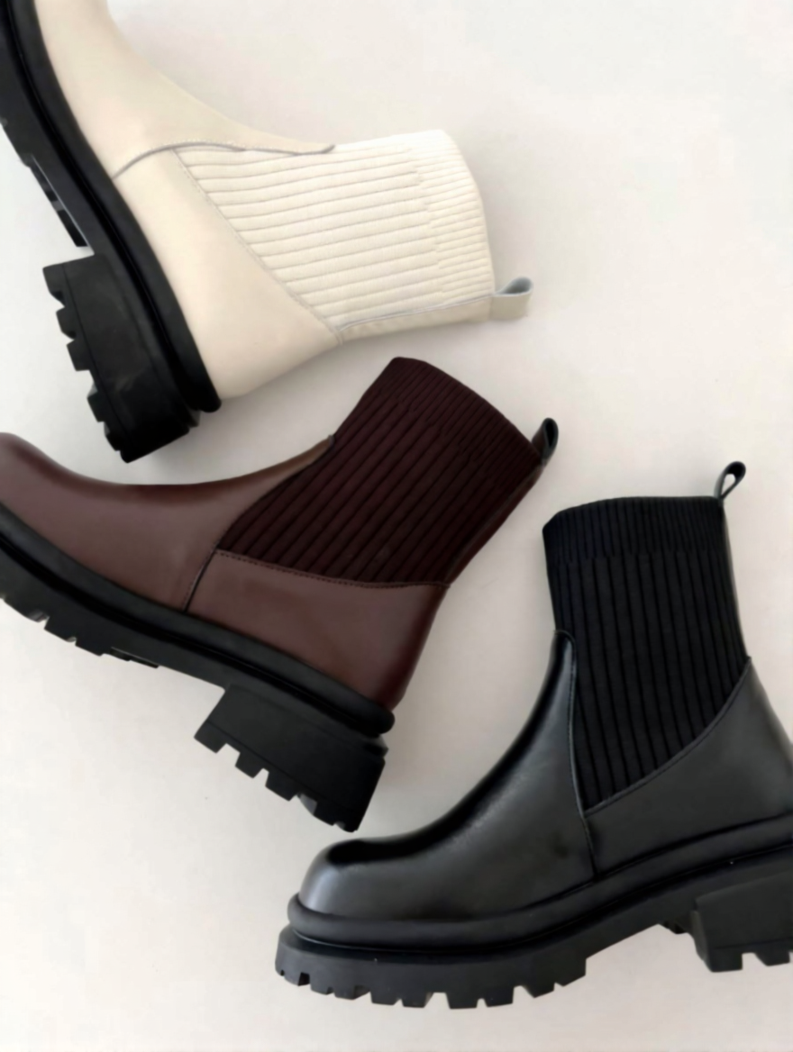 Leather Ankle Boots with Elastic Ribbed Shaft