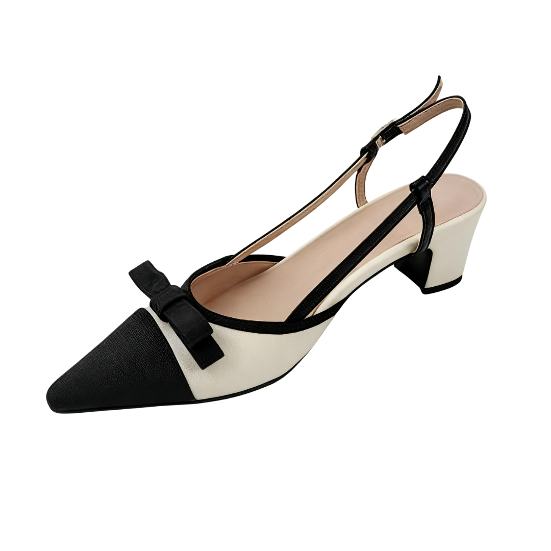 Korean satin bow pointed toe thick heel slingback shoes